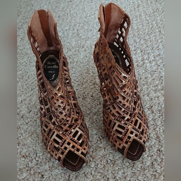 Rene Caovilla gold tone leather embellished Swarovski crystals booties size 36.5 - Picture 1 of 14